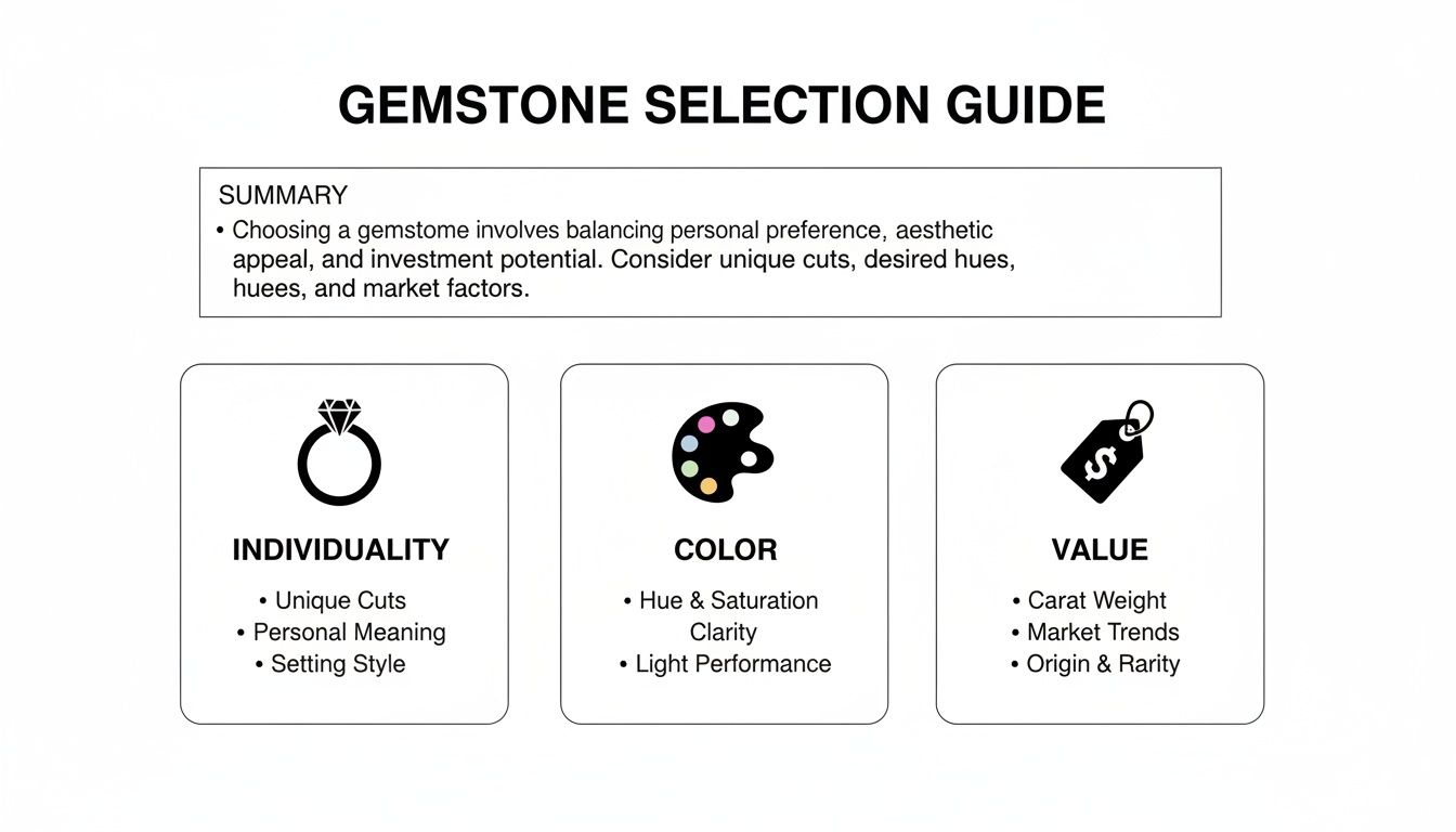 A comprehensive guide outlining key factors for selecting gemstones, including individuality, color, and value.