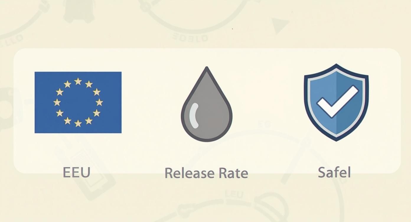 Infographic summarizing nickel safety standards, including the EU flag, a droplet icon for release rate, and a check shield icon for safe labeling.