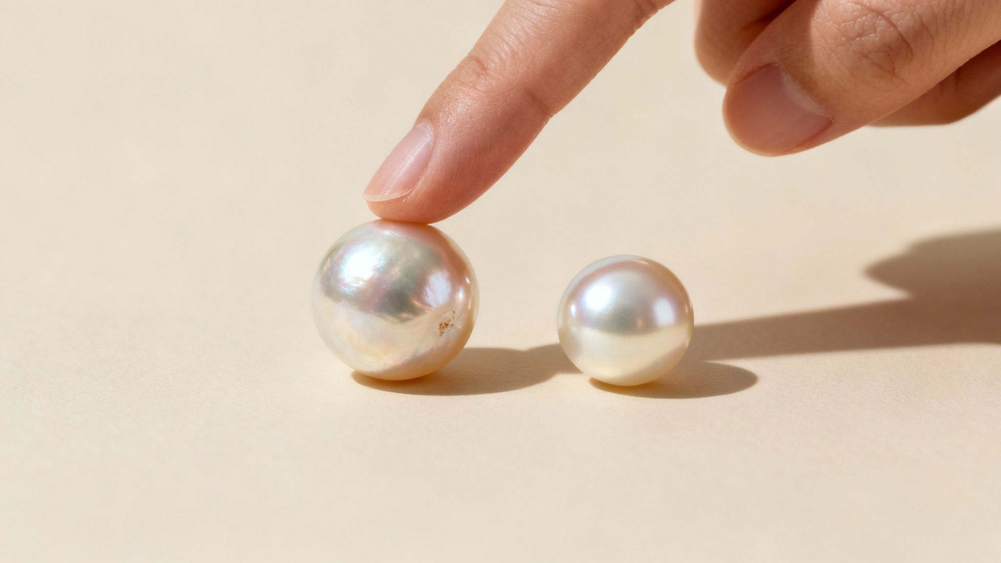 A hand's finger gently touches a large white pearl, with a smaller pearl nearby on a light beige surface.