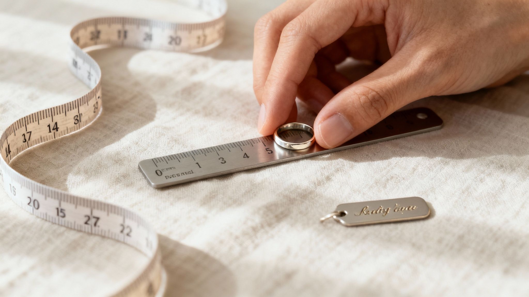 A person's hand measures a silver ring on a metal ruler, with a fabric tape measure and a decorative tag nearby.