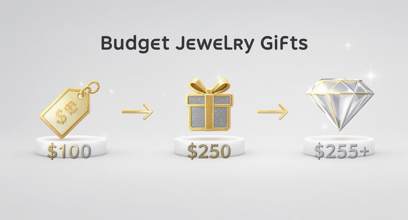 Infographic displaying budget jewelry gifts across three price tiers: $100, $250, and $255+ diamonds.