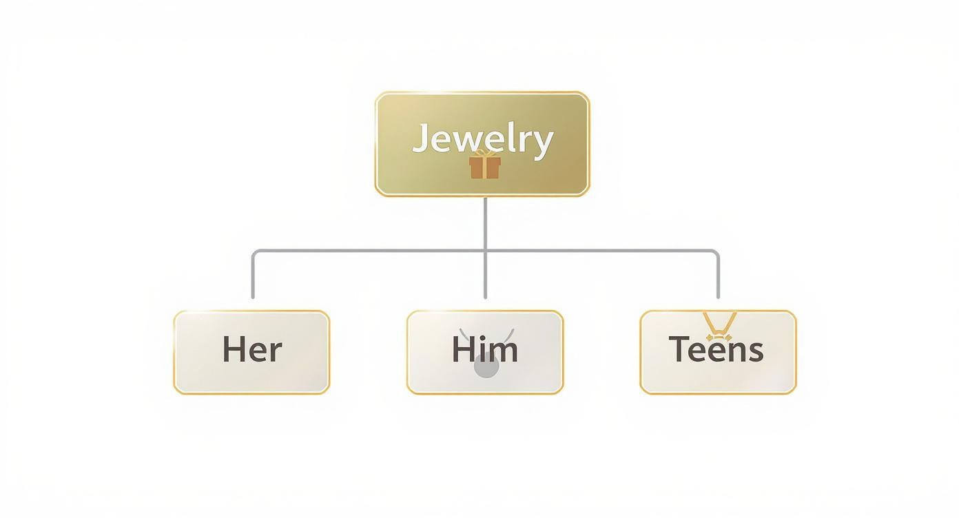 A hierarchical diagram showing main jewelry categories: Her, Him, and Teens, originating from 'Jewelry'.