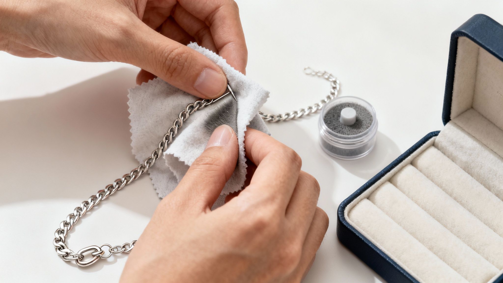 Close-up of hands cleaning a tarnished silver chain necklace with a white polishing cloth.