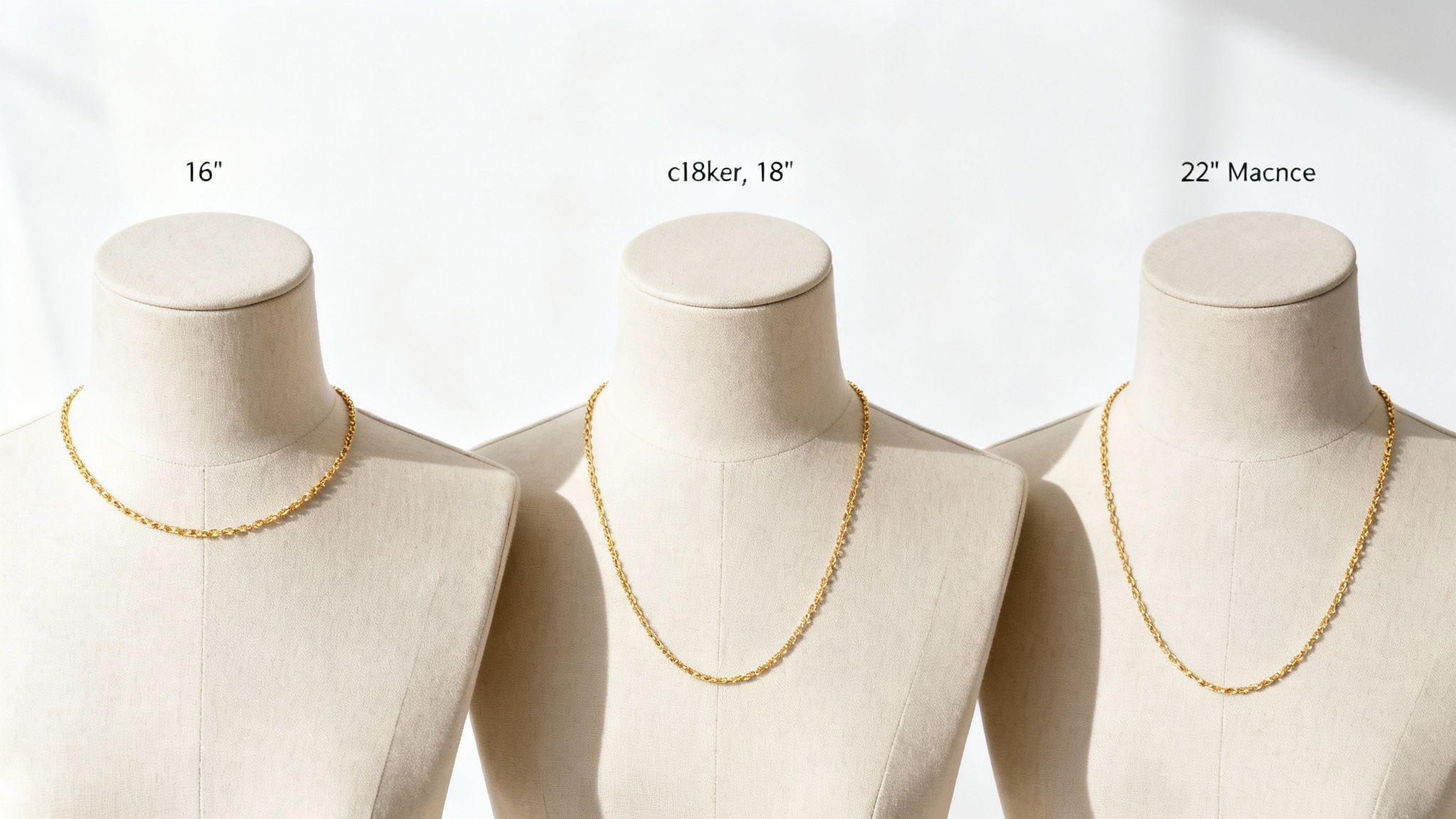 Three mannequins display different lengths of gold chain necklaces: 16, 18, and 22 inches.