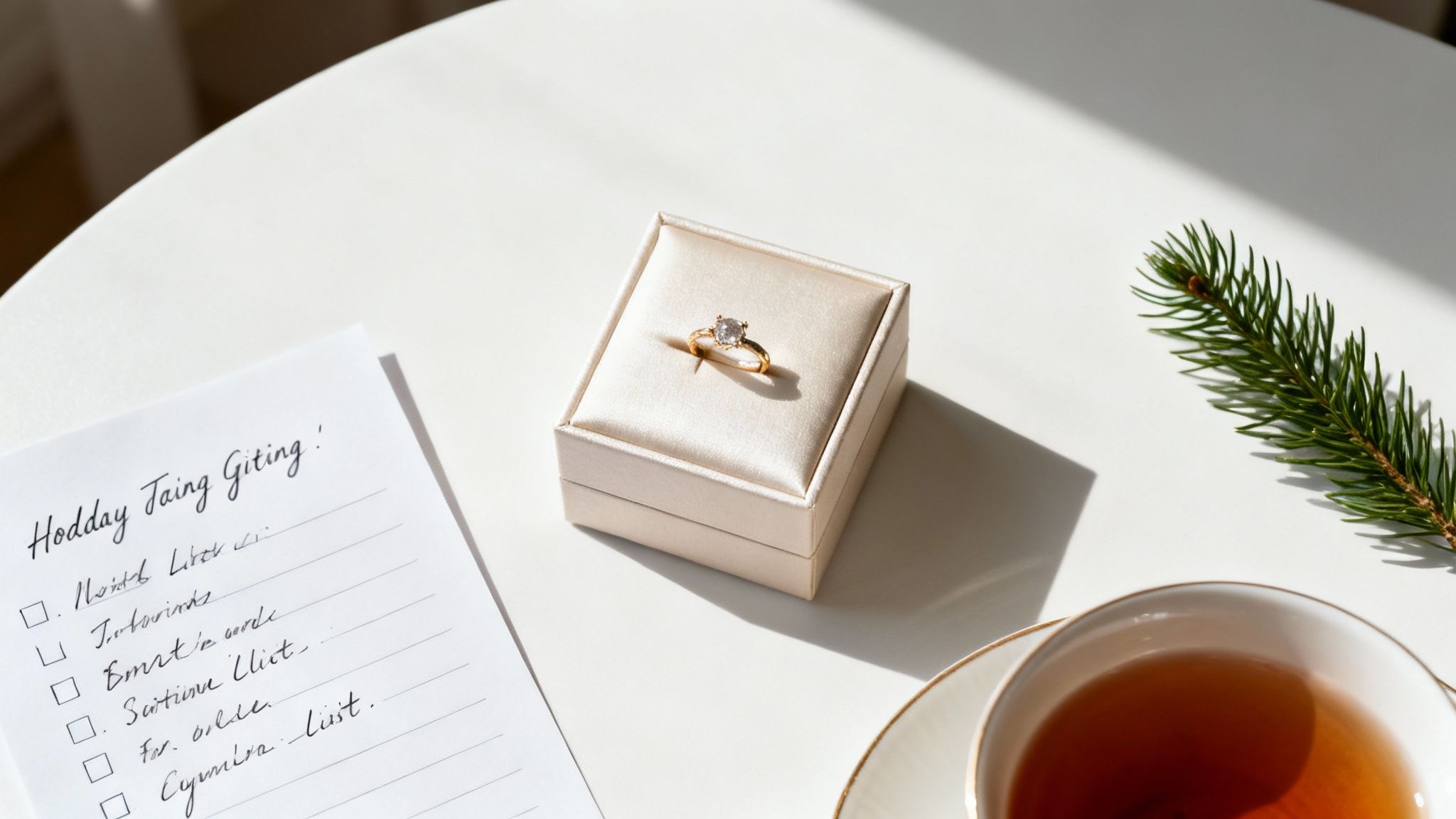 A sparkling diamond engagement ring in a gift box, a holiday gifting list, and a cup of tea.