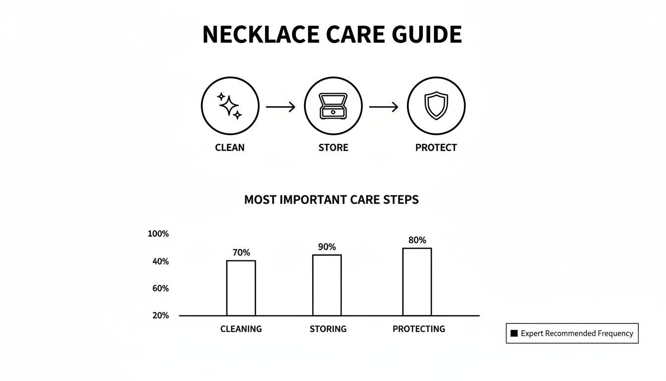 A necklace care guide outlining steps to clean, store, and protect, with expert recommended frequencies shown in a bar chart.
