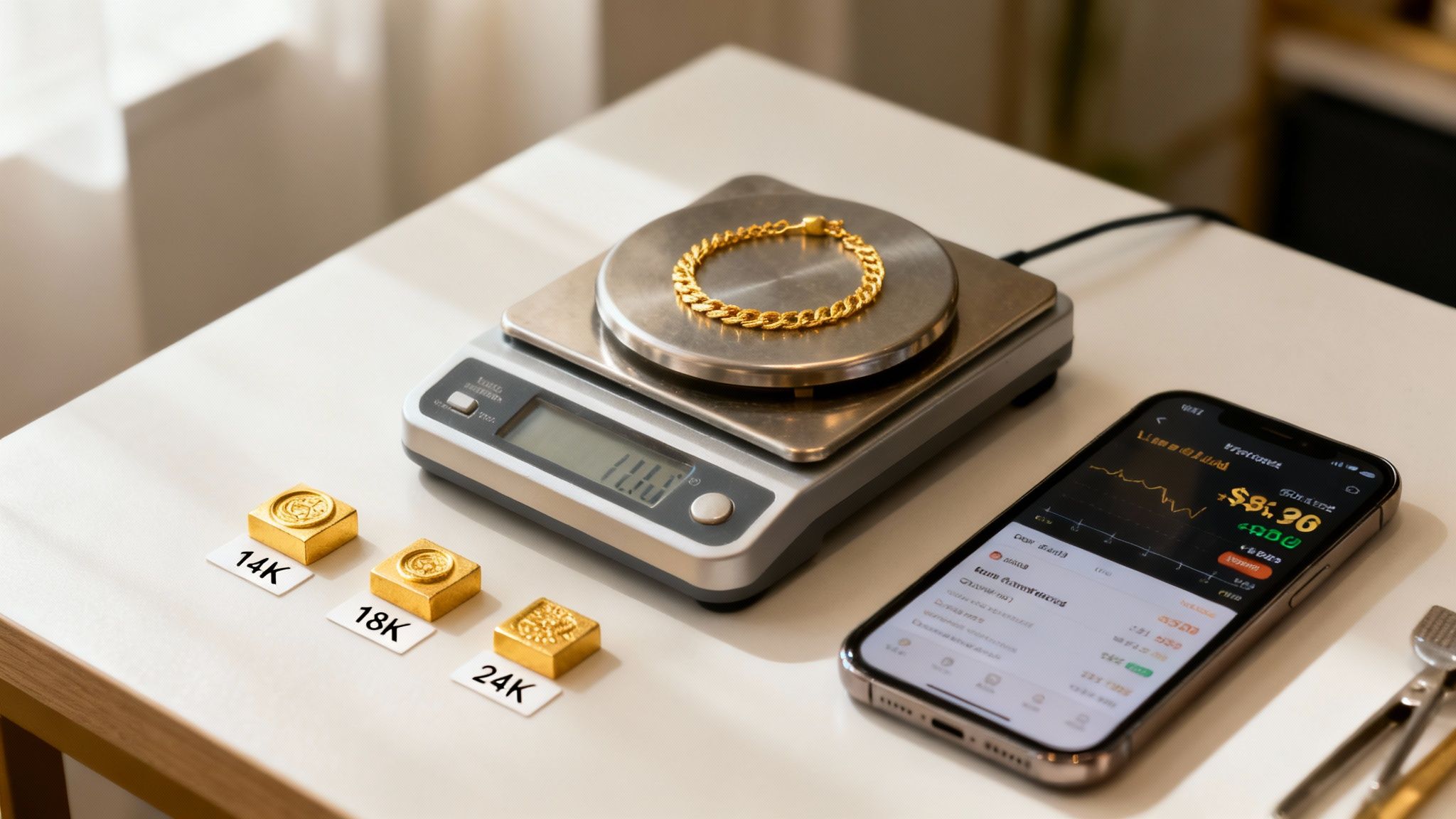 A gold bracelet on a digital scale, with gold bars (14K, 18K, 24K) and a phone displaying gold prices.