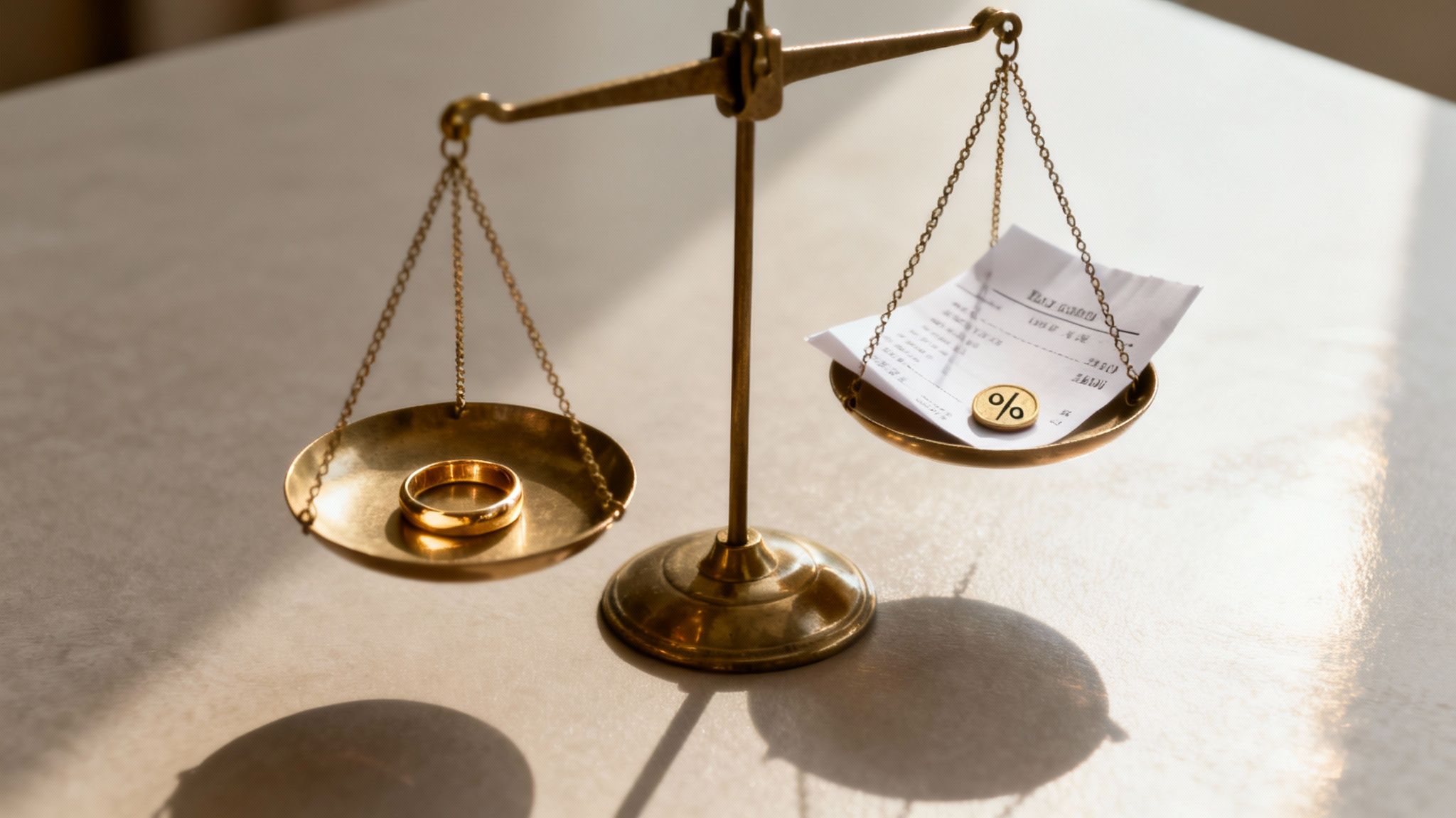 A brass balance scale weighing a golden wedding ring against a financial bill and percentage coin.