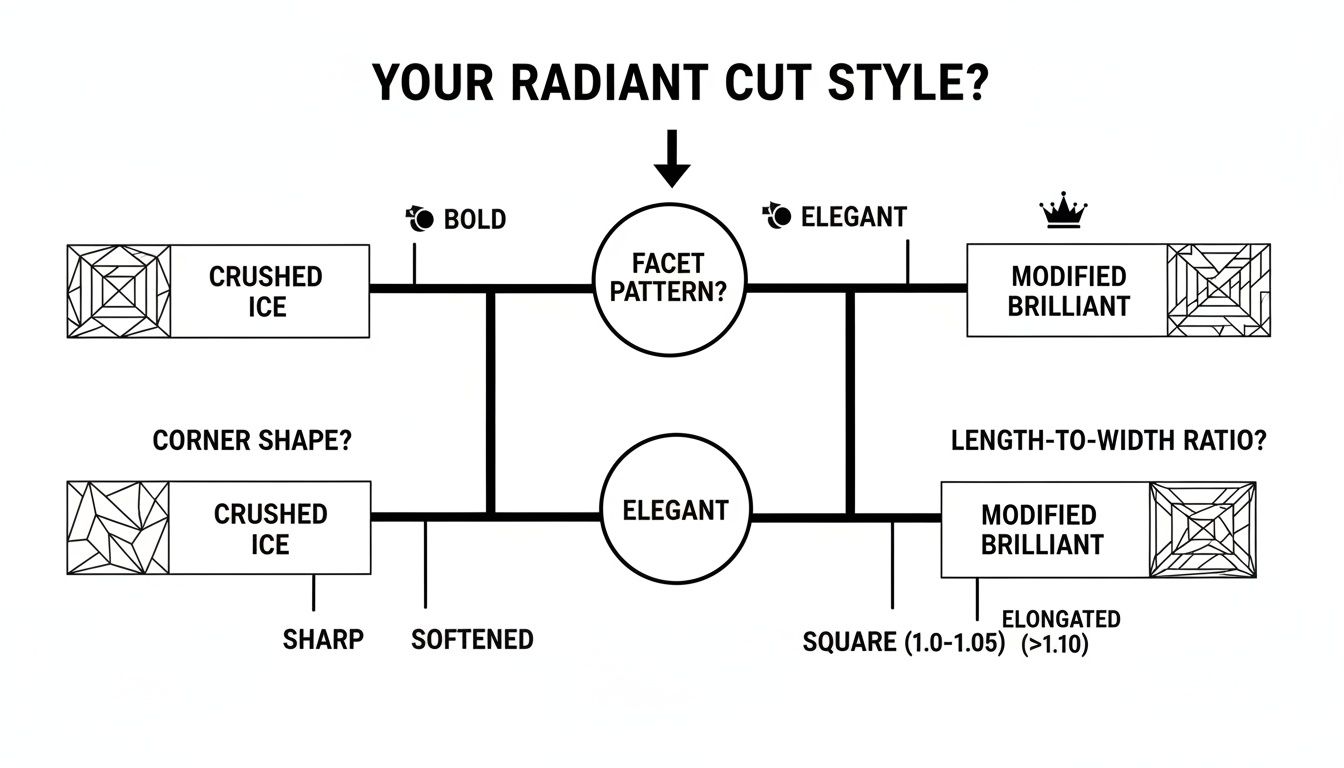 Flowchart illustrating different radiant cut diamond styles based on facet pattern, corner shape, and length-to-width ratio.
