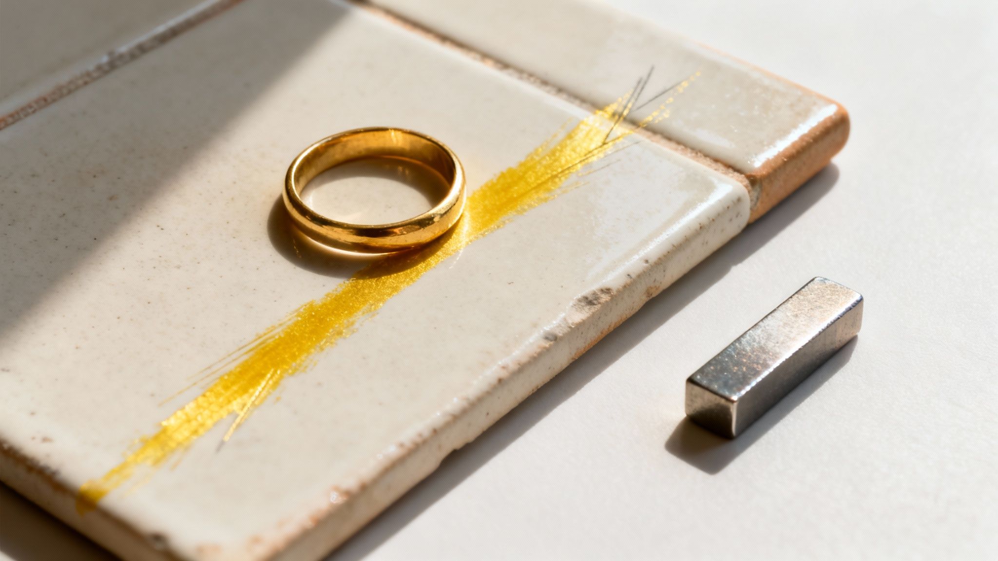 A golden ring rests on a light ceramic tile with a gold brushstroke, next to a silver rectangular object.