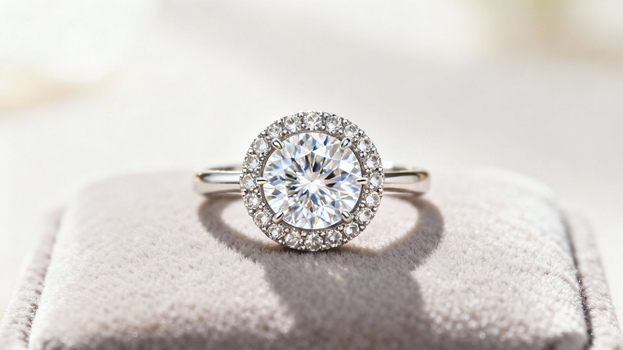 Close-up of a sparkling round diamond engagement ring with a halo setting on a light velvet surface.