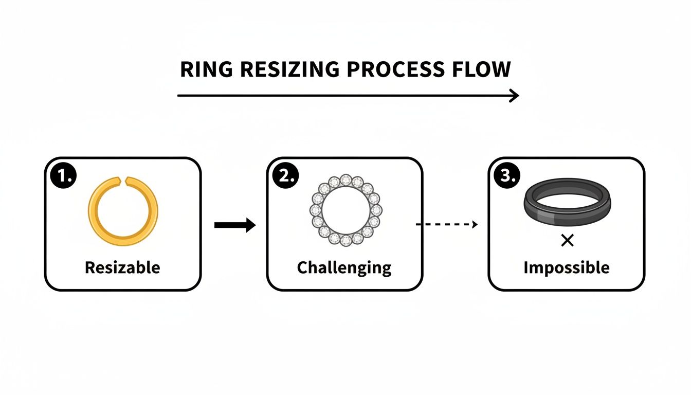 Infographic illustrates ring resizing difficulty: plain resizable, eternity challenging, solid impossible.