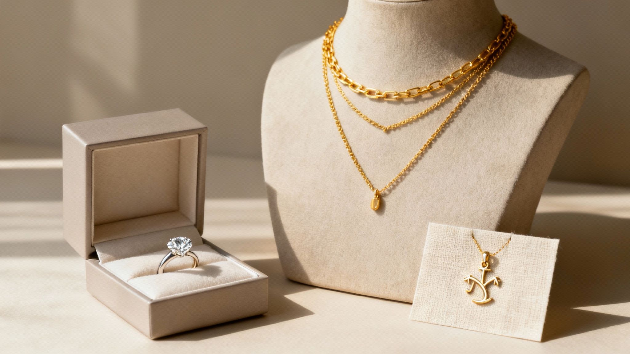 Elegant gold layered necklaces displayed on bust with diamond ring and pendant on neutral background