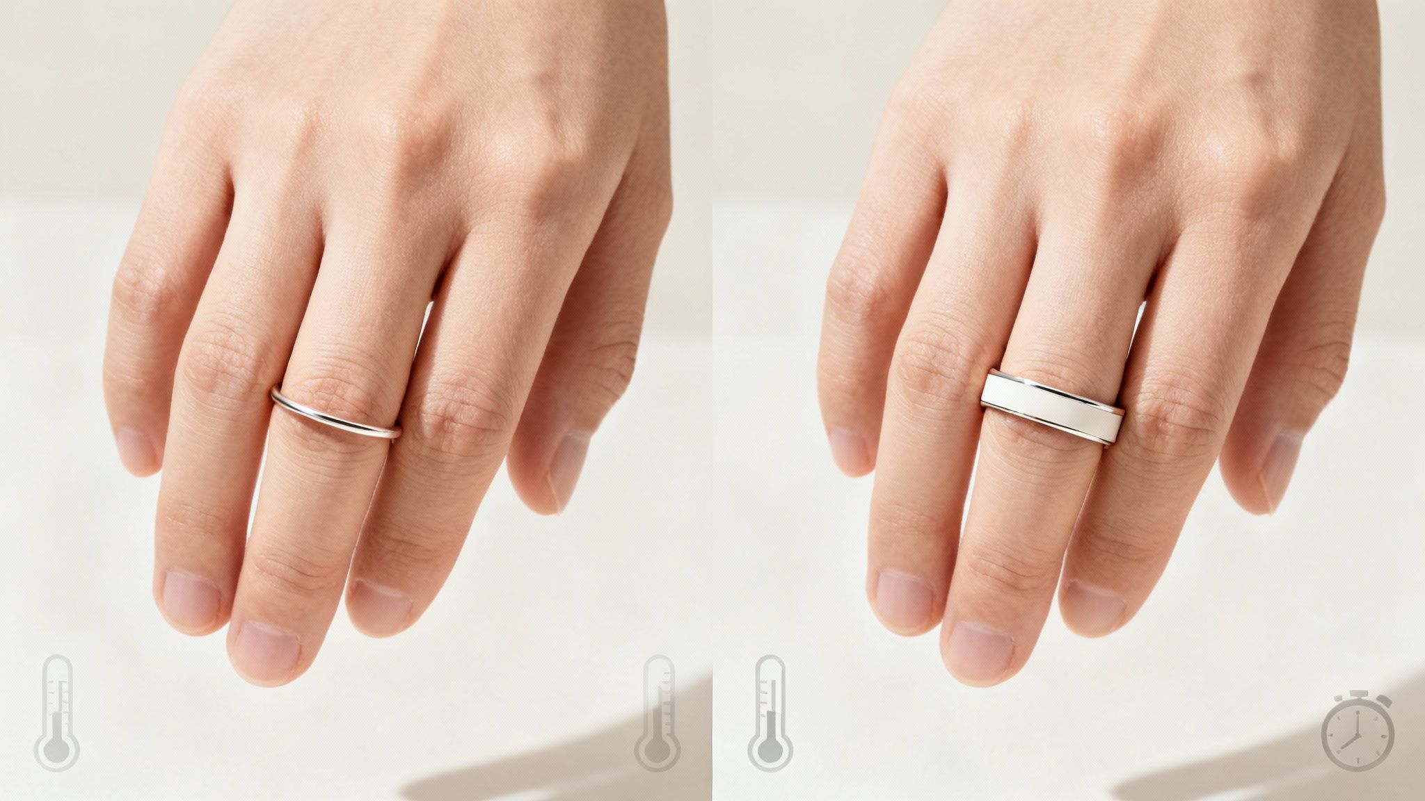 Comparison of thin and wide wedding band rings on hand showing different ring widths