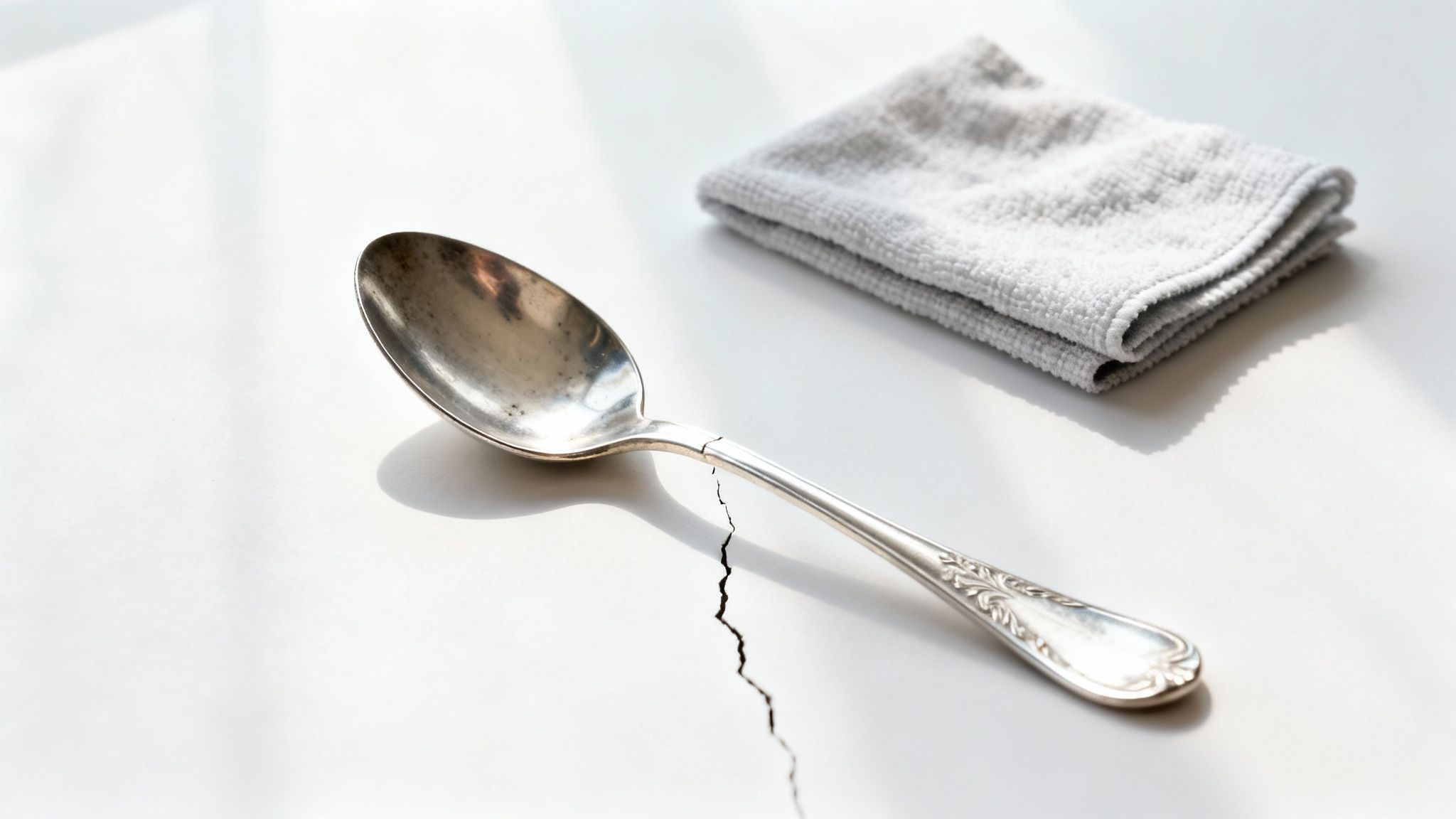 A silver necklace being gently cleaned with a polishing cloth