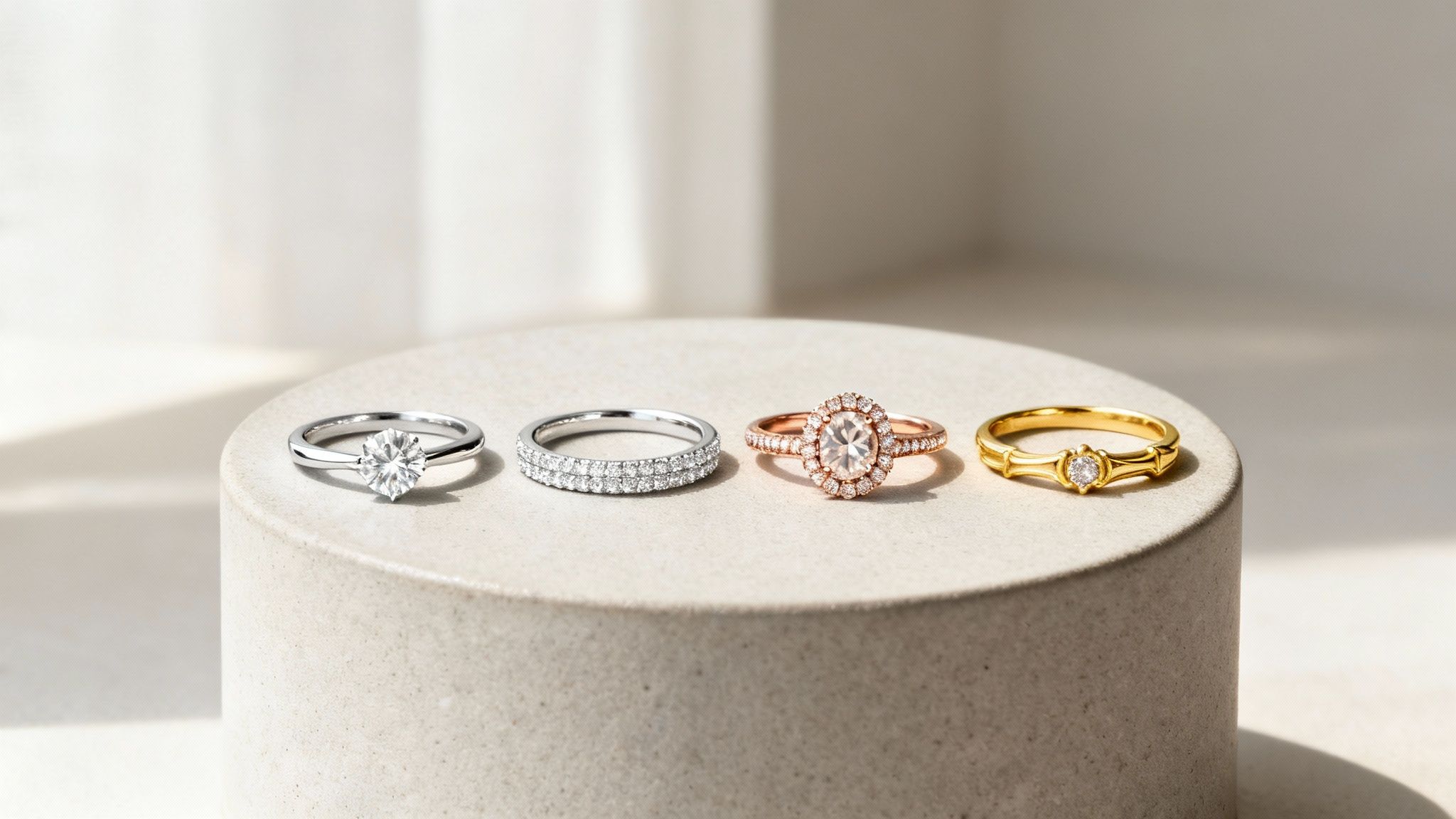 Four elegant engagement rings in different metals displayed on a circular stone pedestal