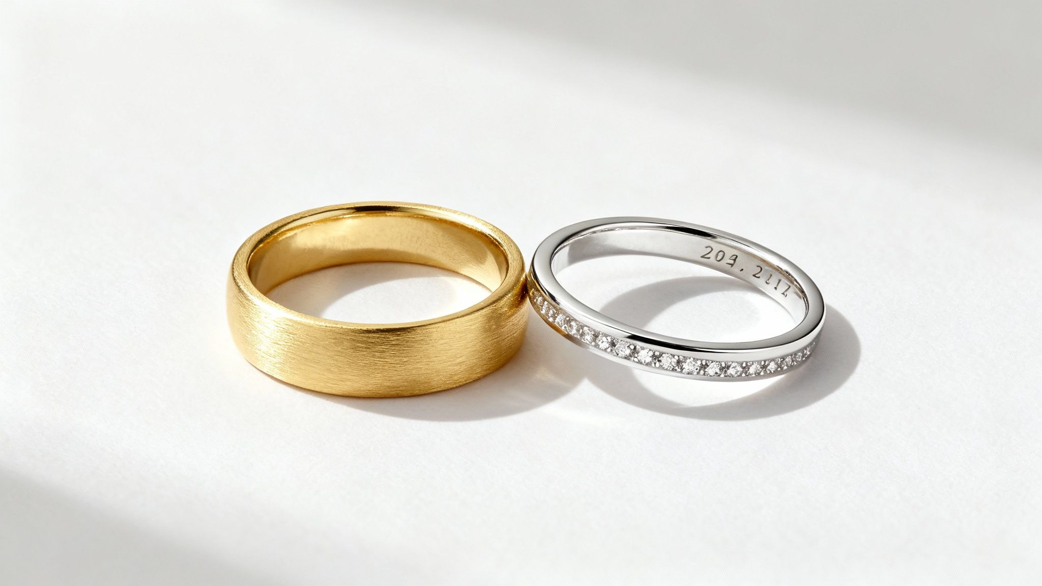 Two hands with different but complementary wedding bands, one with diamonds and one plain metal