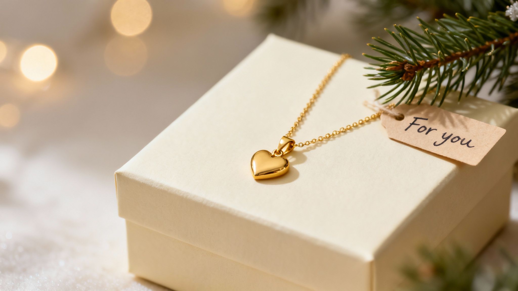 Golden heart necklace on a cream gift box with a &quot;For you&quot; tag, amidst festive lights and greenery.