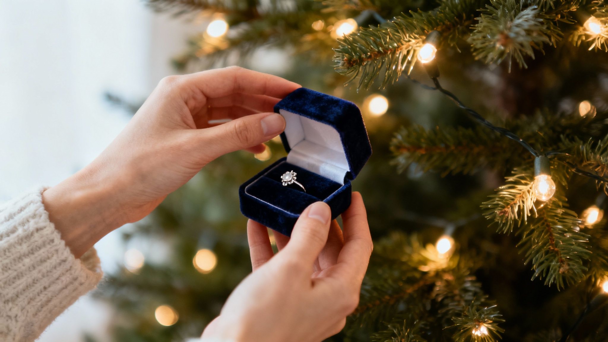 Woman holding open blue velvet ring box with diamond engagement ring near Christmas tree