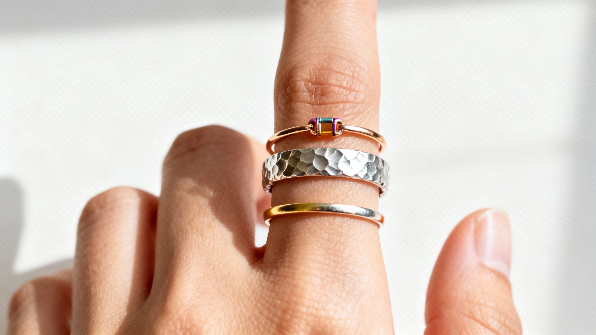 Close-up of a finger wearing three stylish stacked rings: a colorful stone, hammered silver, and gold.