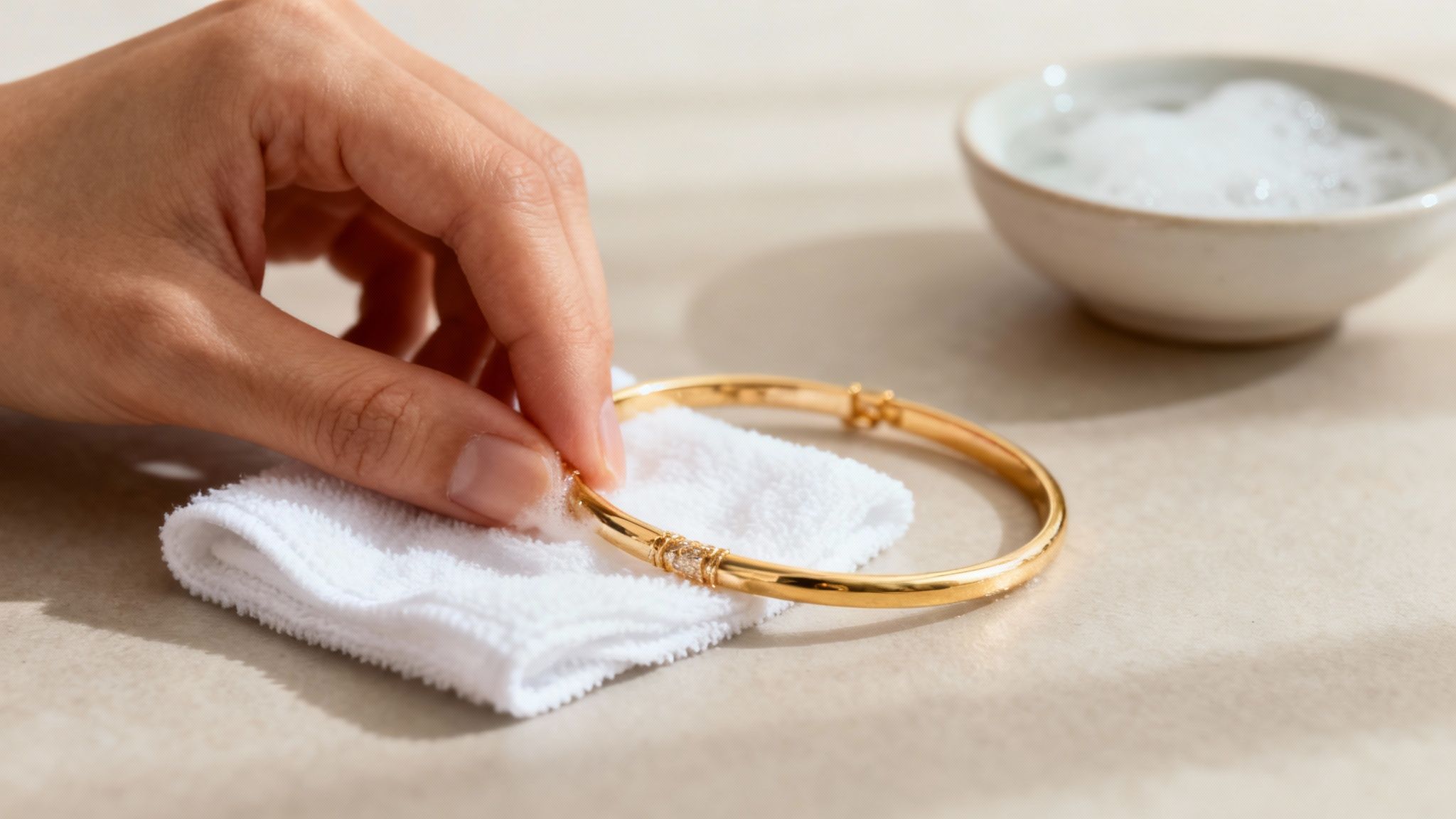A person gently cleaning a gold-plated sterling silver chain with a soft cloth.