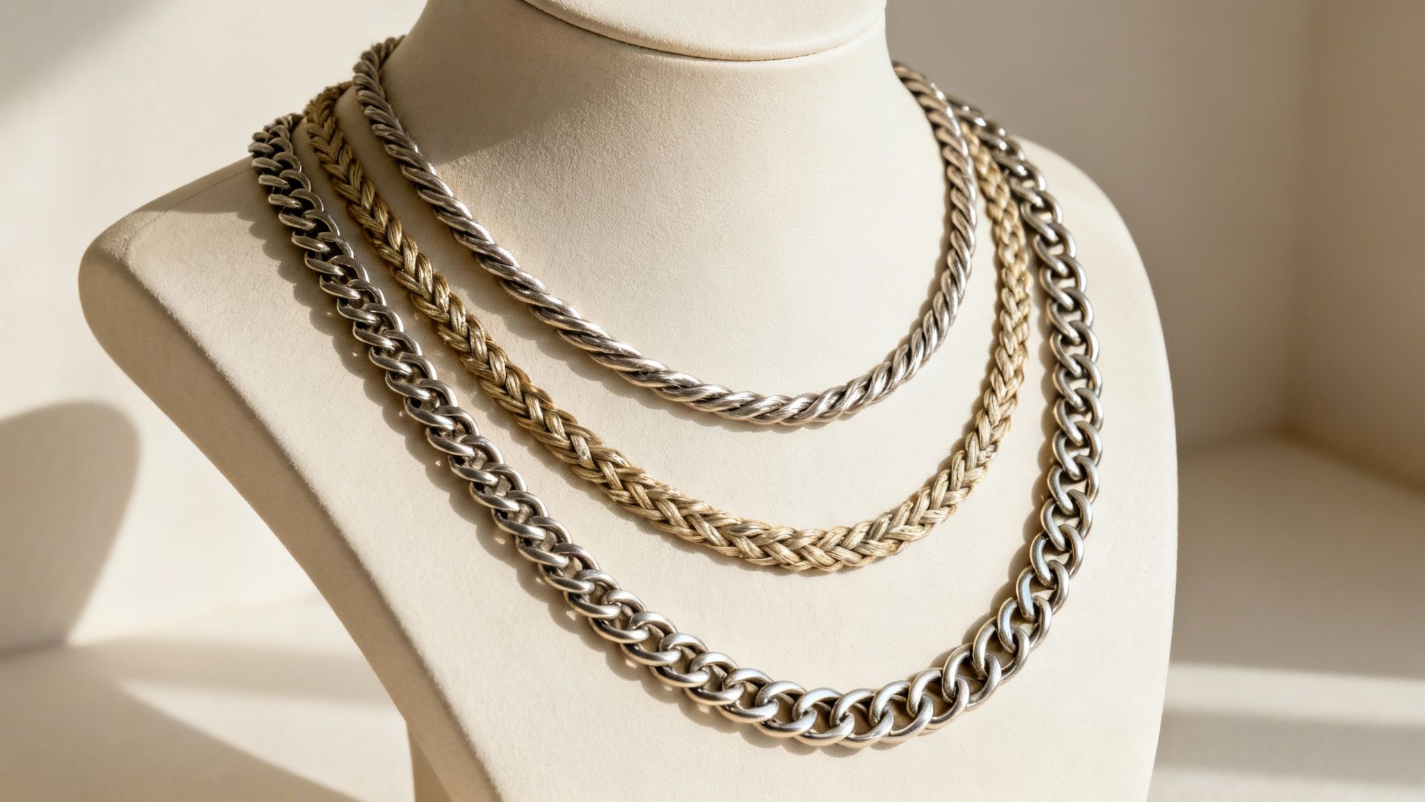 Three metal chain necklaces: silver twisted, gold braided, and silver curb, displayed on a cream bust.