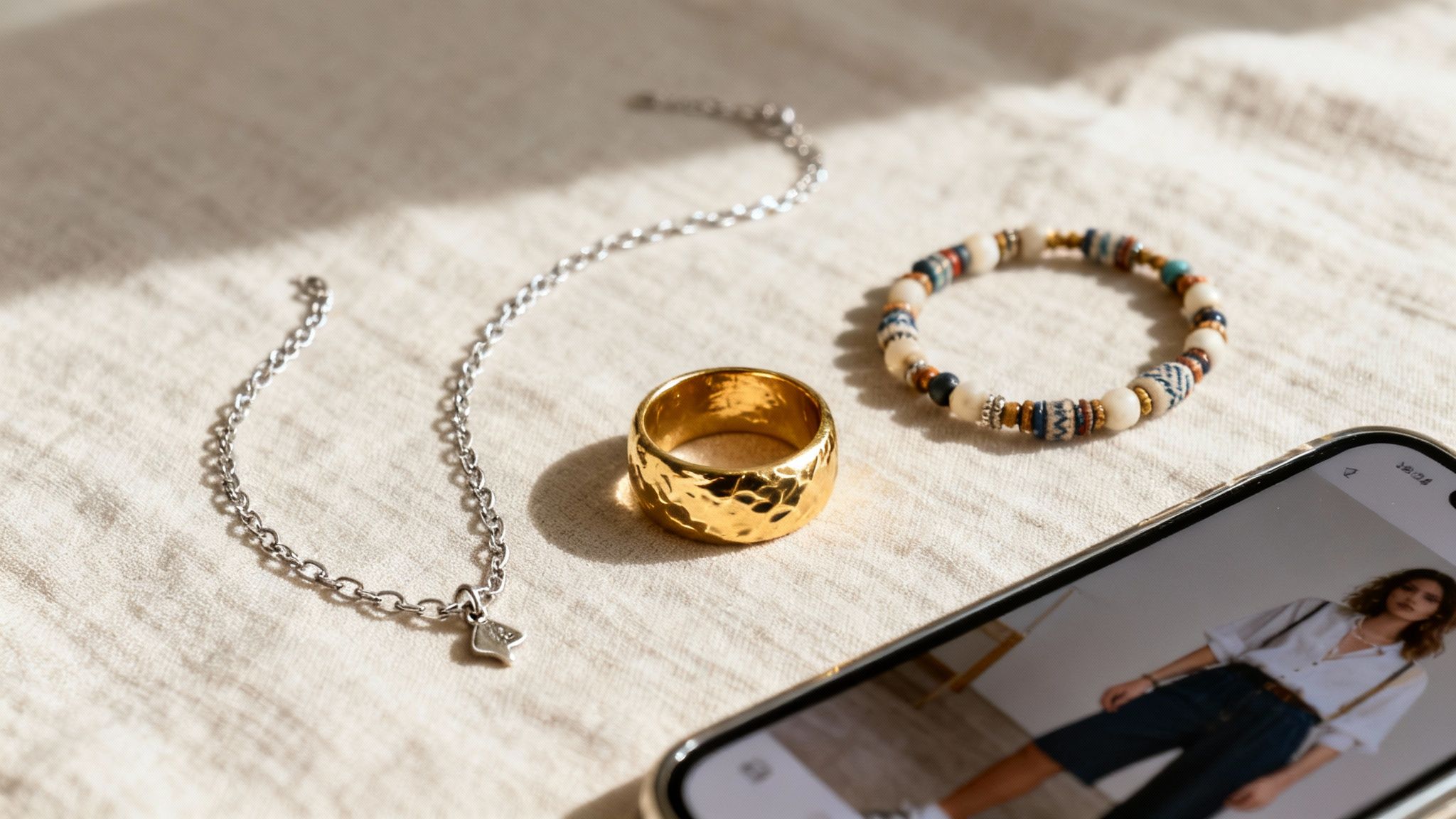 A gold hammered ring, silver necklace with star, and beaded bracelet next to a smartphone.