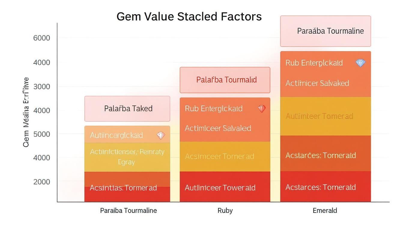 Stacked bar chart illustrating gem value stacked factors for Paraíba Tourmaline, Ruby, and Emerald, with various contributing elements.