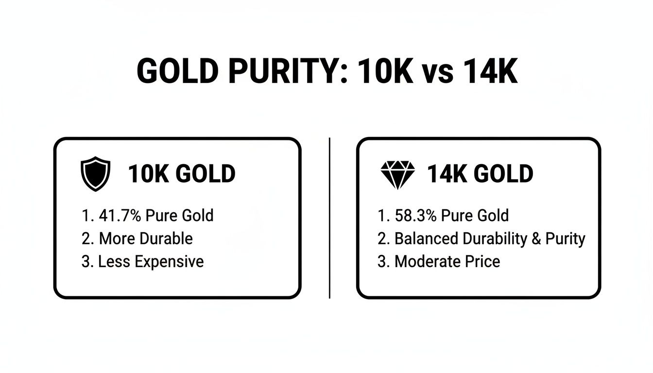 A comparison chart highlighting the differences between 10K and 14K gold regarding purity, durability, and price.