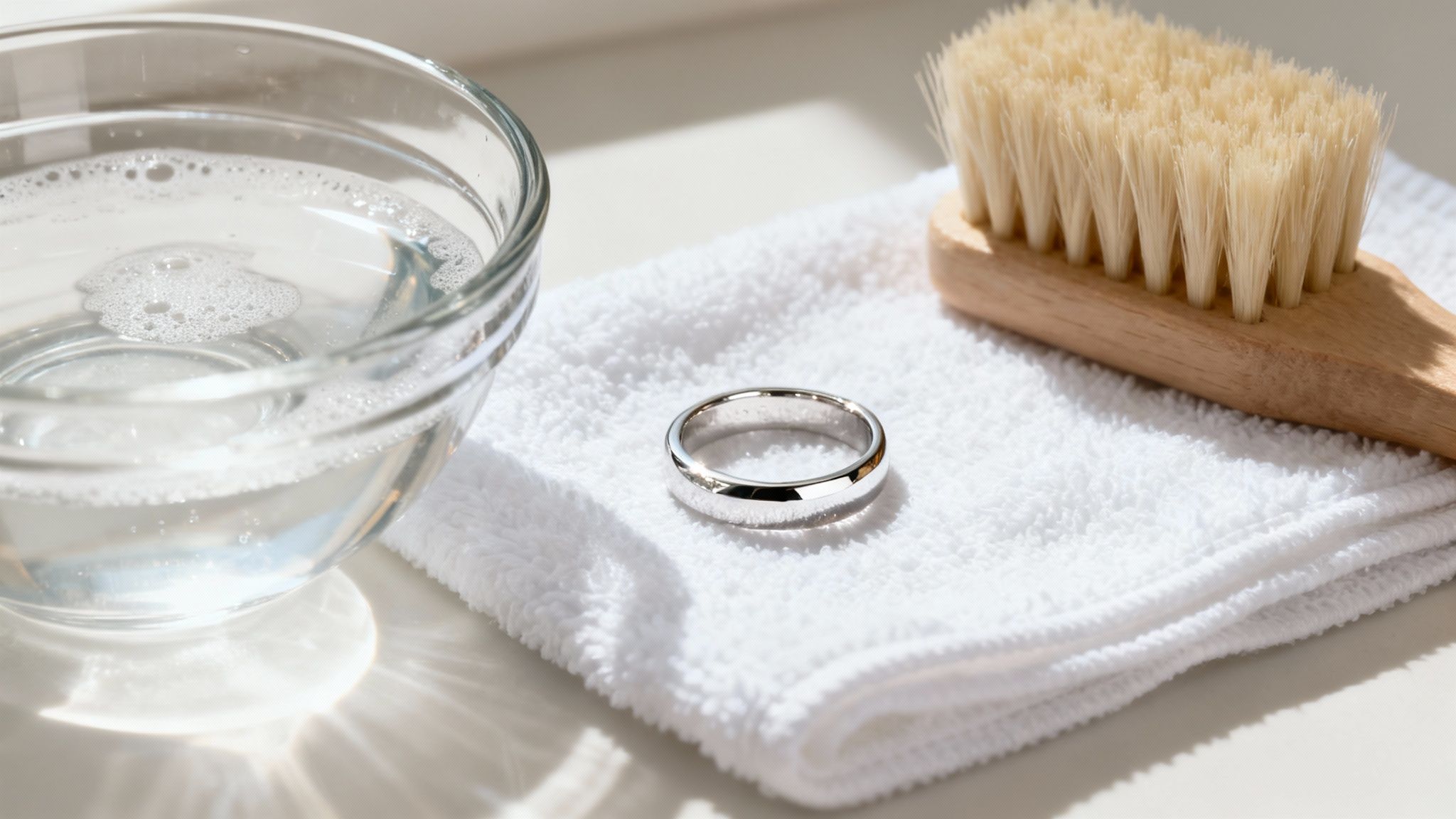 A shiny silver ring, a cleaning brush, and soapy water on a white towel for jewelry care.