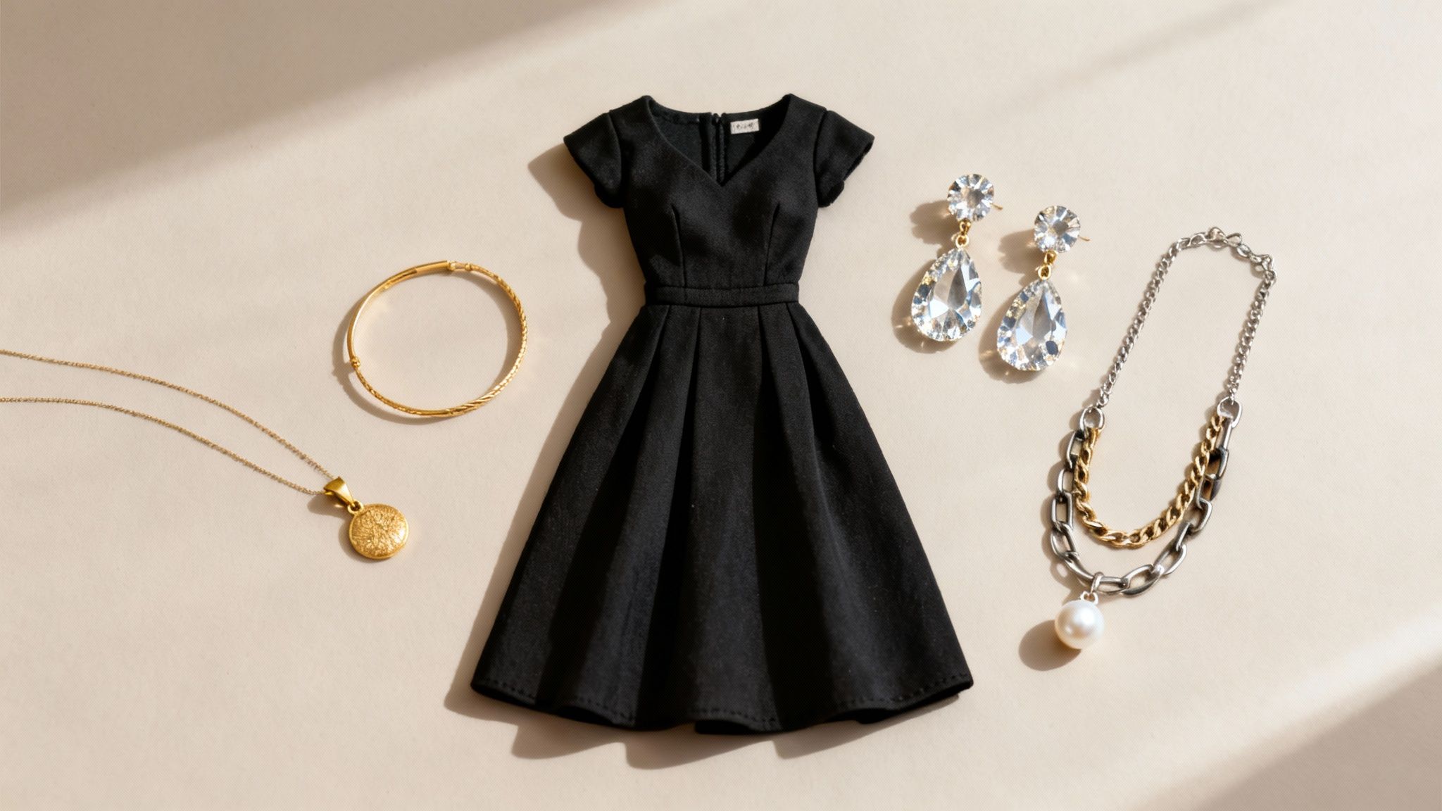 Elegant black dress styled with gold necklace, bracelet, crystal earrings, and a pearl chain necklace.