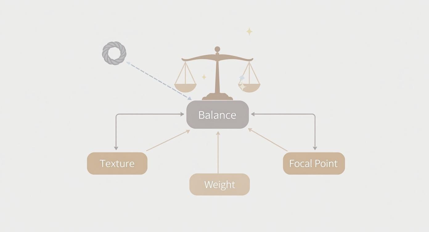 Diagram illustrating &#39;Balance&#39; with a weighing scale, influenced by Texture, Weight, and Focal Point.