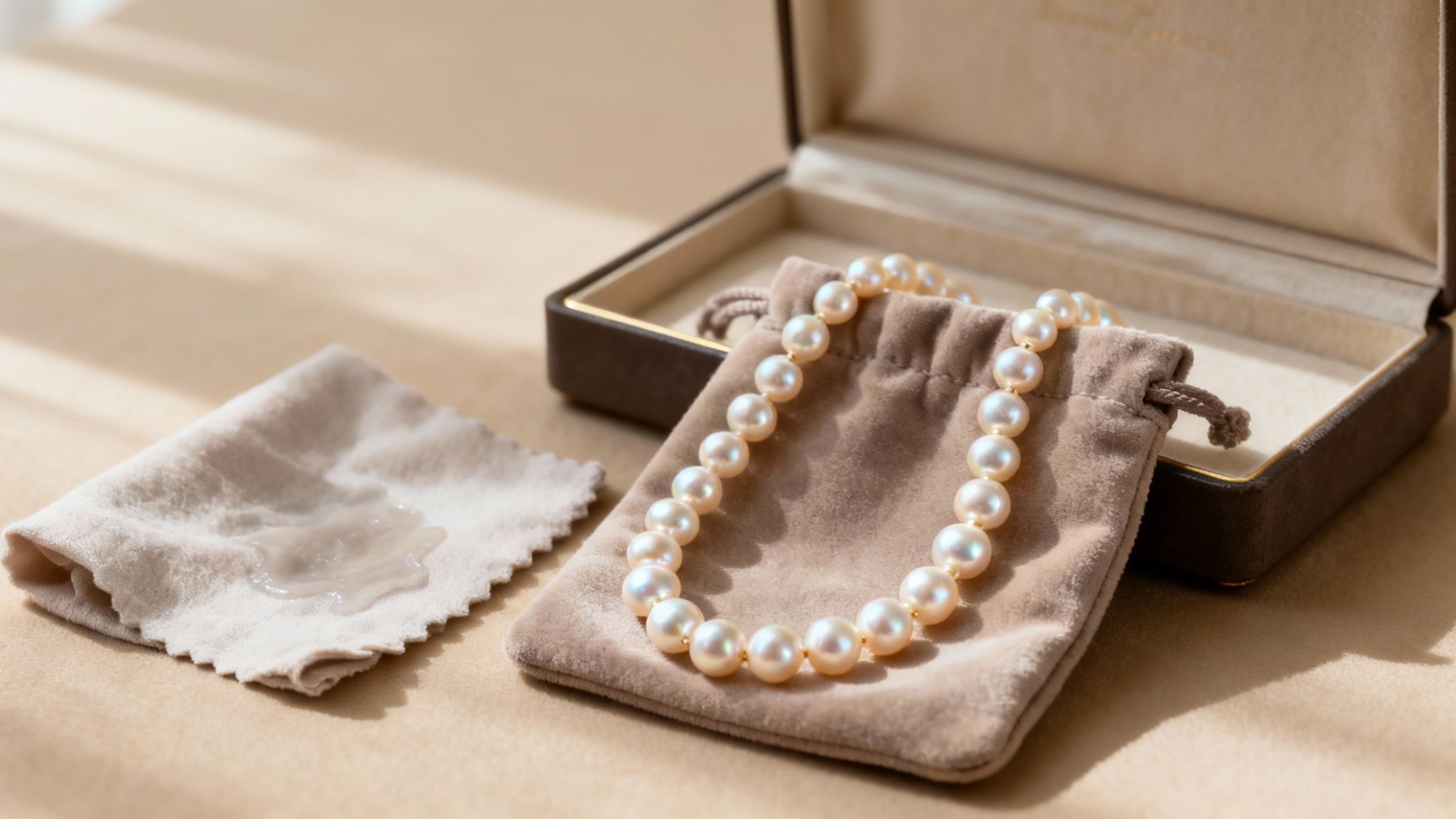 A lustrous pearl necklace on a velvet pouch, next to a cleaning cloth with liquid and an open jewelry box.