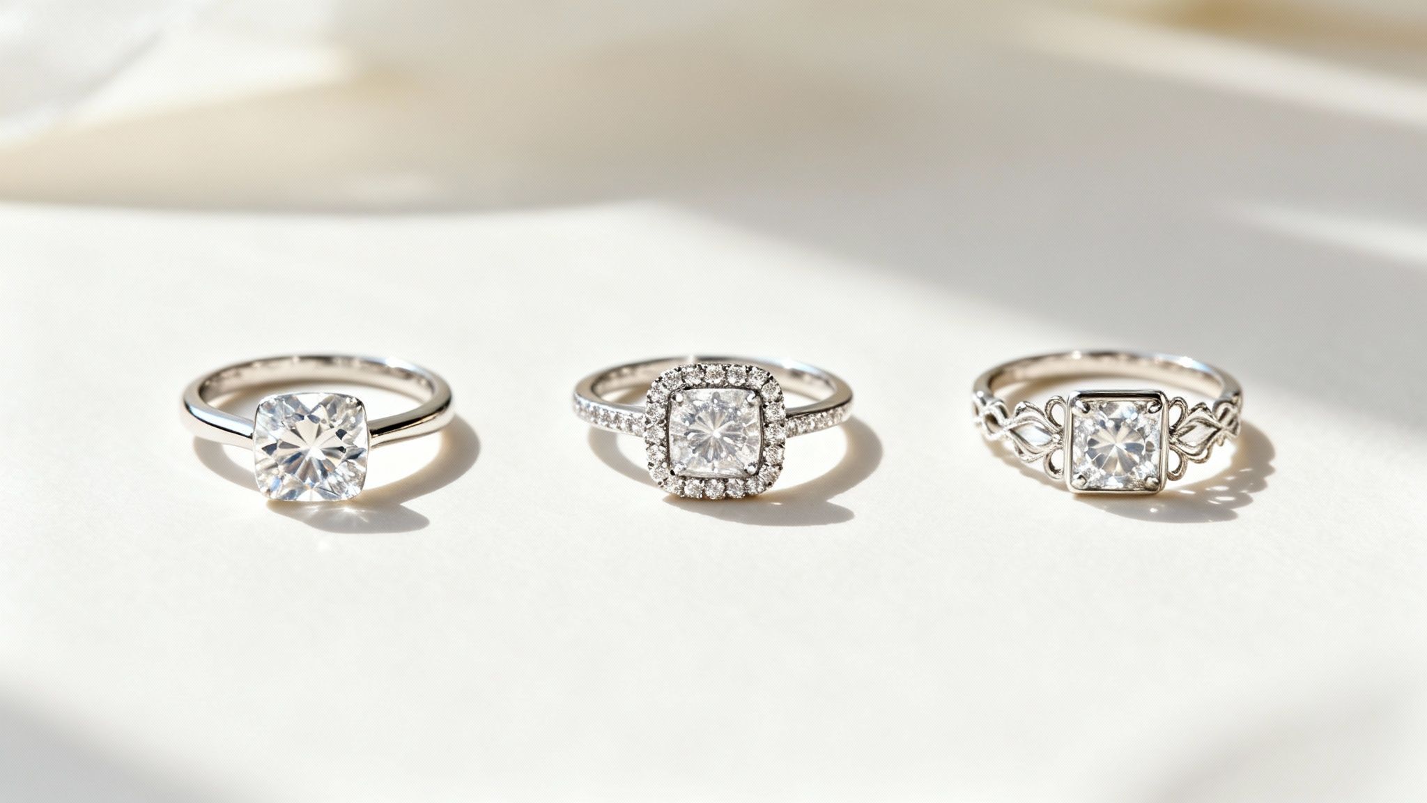 Three elegant silver engagement rings, each with a brilliant cushion-cut diamond, on a white surface.