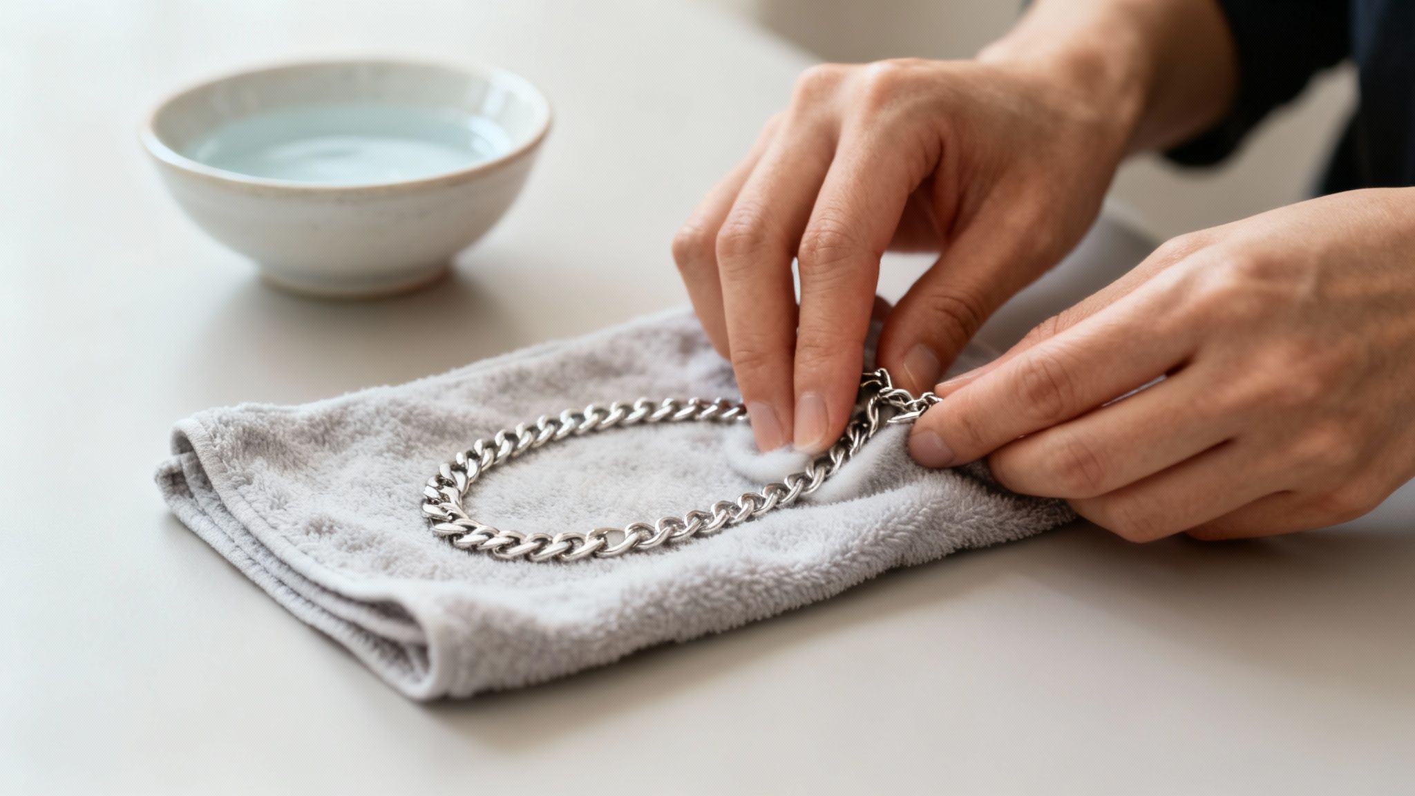 Person's hands gently cleaning a shiny silver chain with a cotton swab on a soft grey towel.