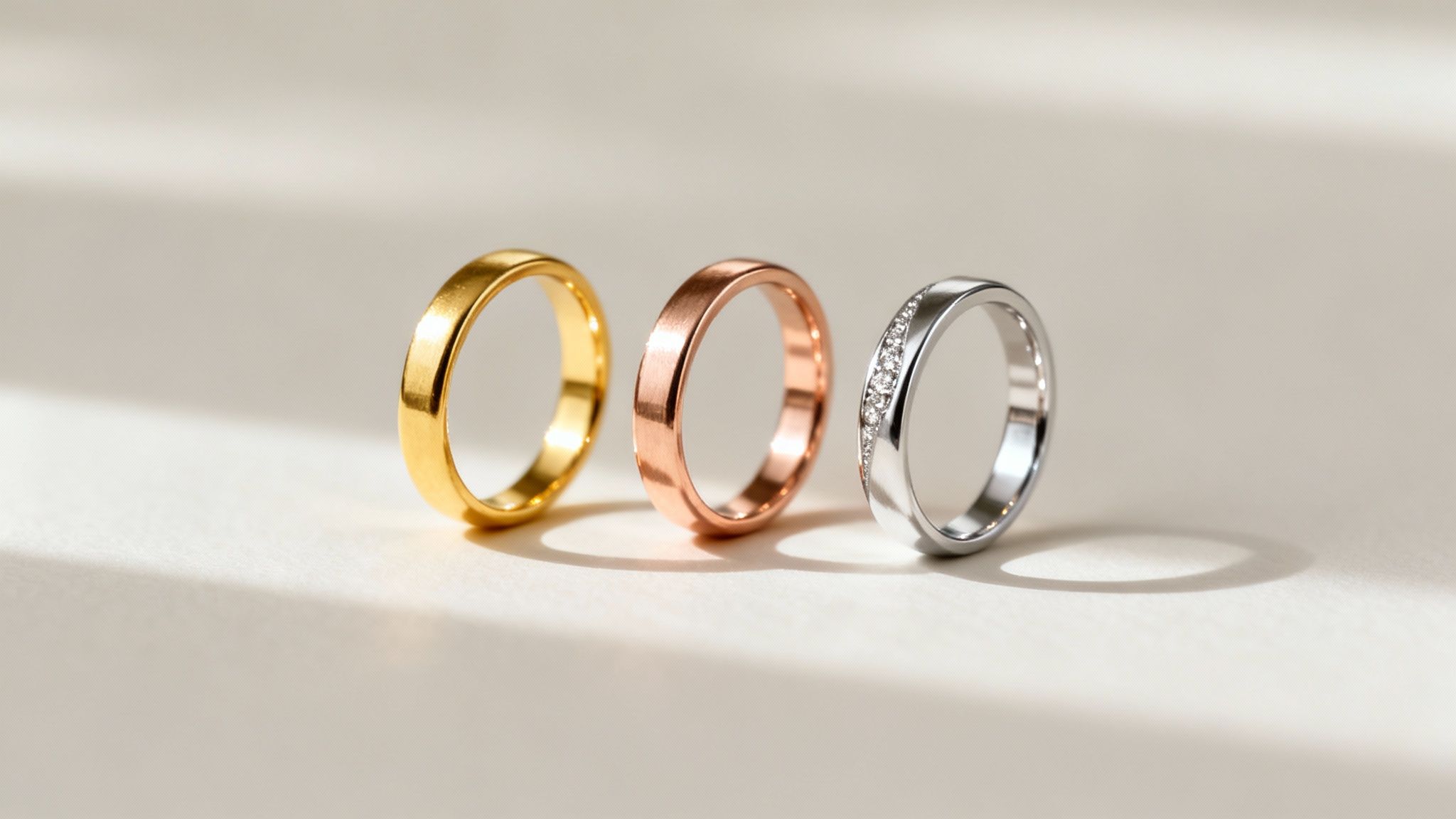 Three elegant wedding bands in gold, brushed rose gold, and diamond-set white gold.