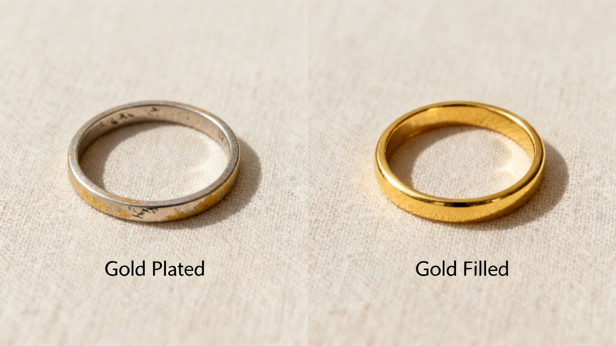 Two rings on fabric, contrasting a worn gold-plated ring with a pristine gold-filled ring.