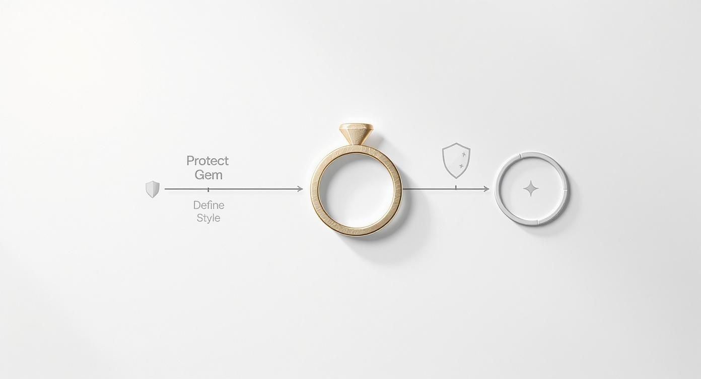 Diagram showing a gold engagement ring with a diamond, illustrating options to protect the gem and define the style.