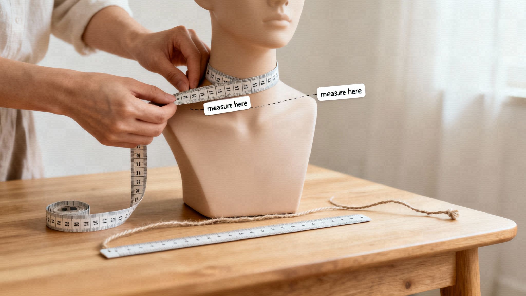 A person's hands measure a mannequin's neck with a tape measure on a wooden table.