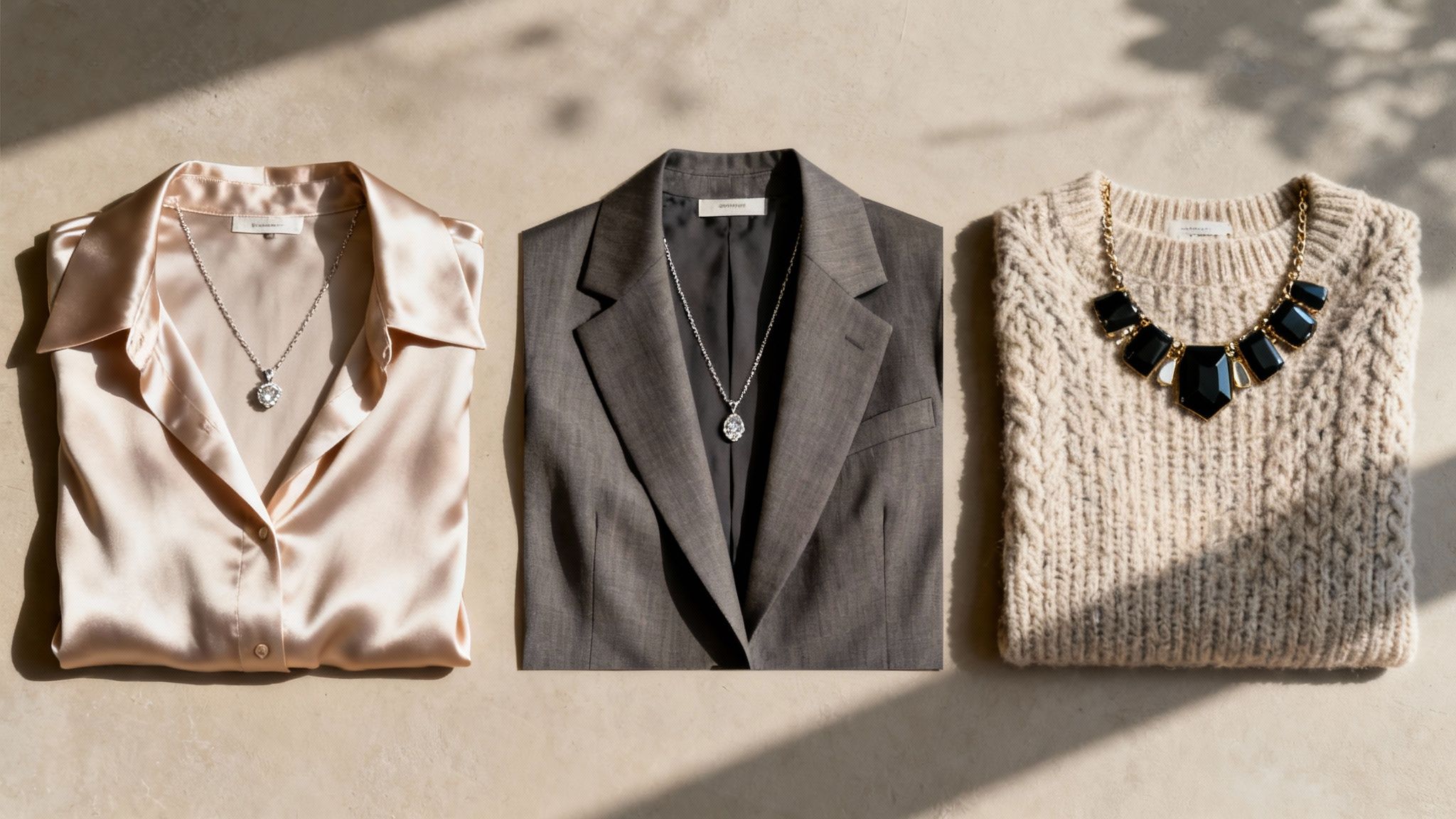 Three stylish outfits, including a silk blouse, blazer, and knit sweater, each with a unique necklace.