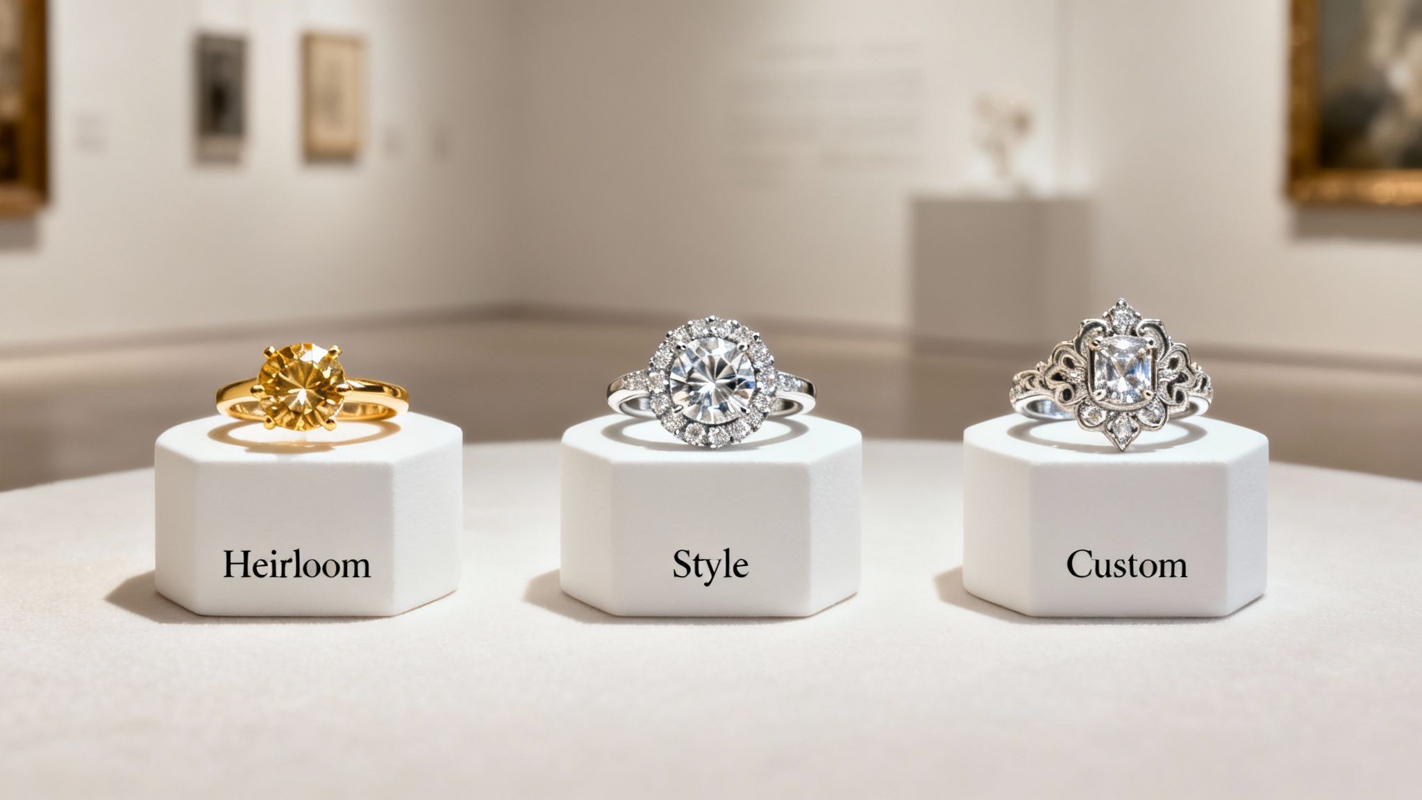 Three distinct engagement rings (heirloom, style, custom) displayed on pedestals in a gallery setting.