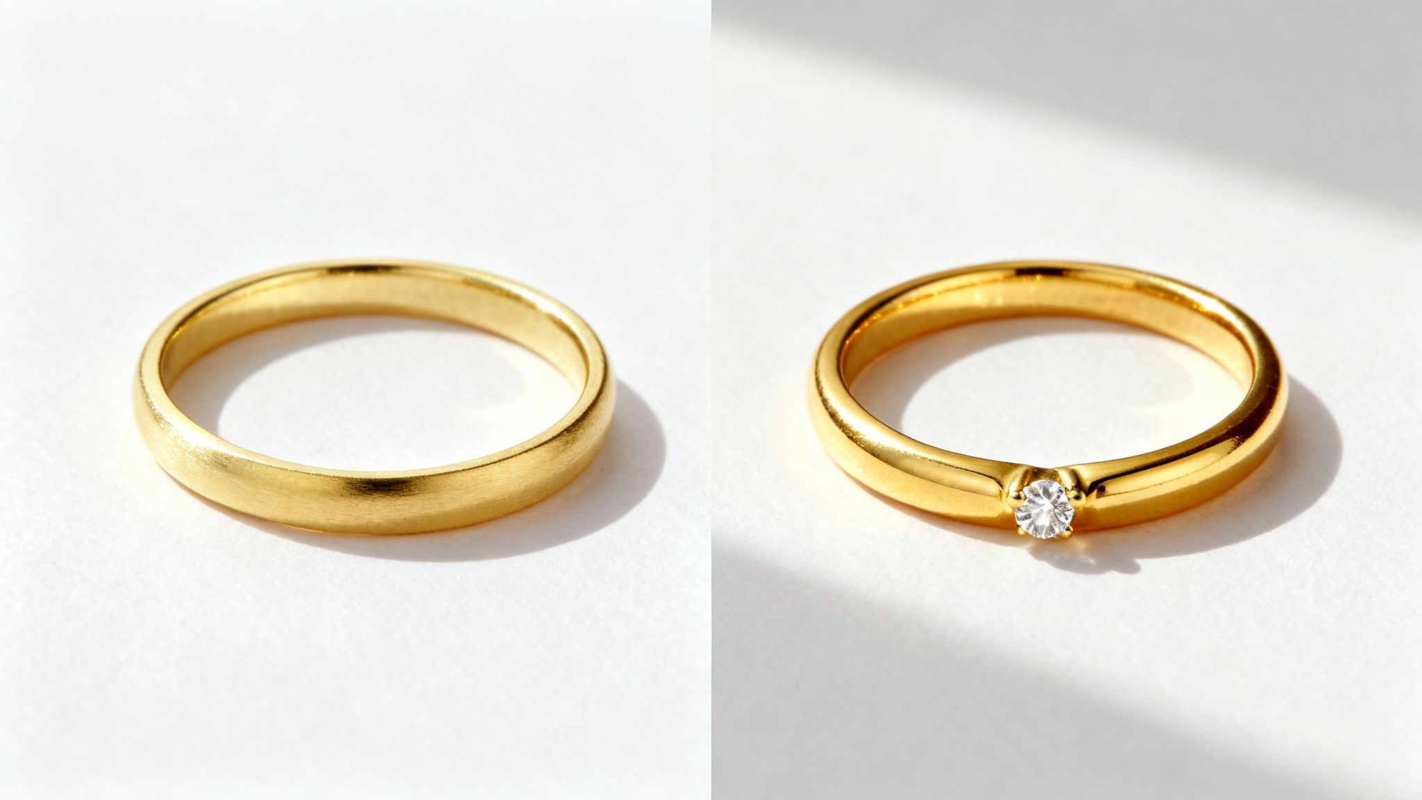 Two gold rings side by side, one a plain matte band, the other polished with a small diamond.