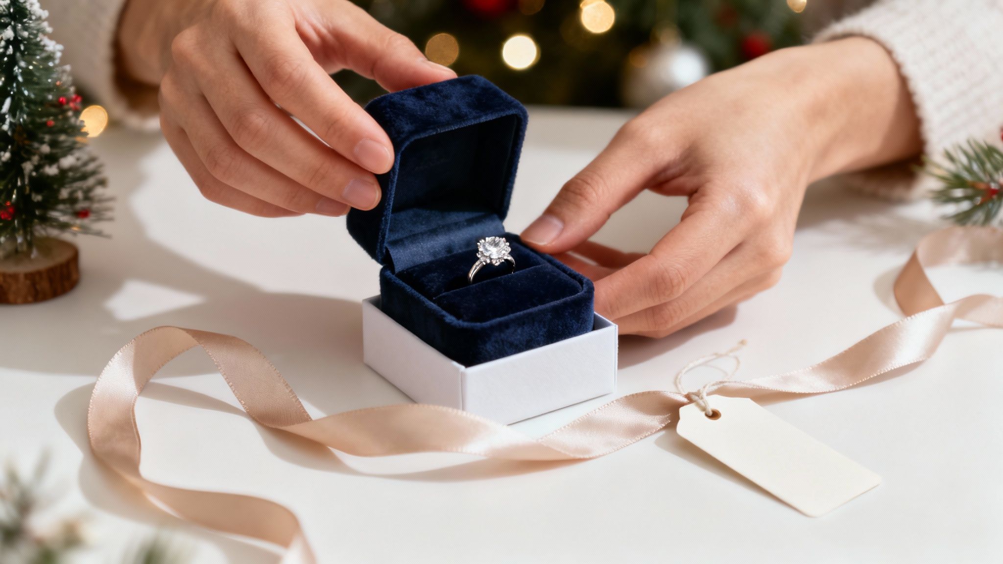 A beautifully wrapped Christmas jewelry gift box with a ribbon.