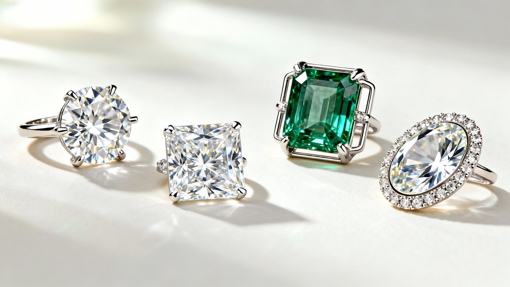 Close-up of four beautiful rings: a round diamond, a square diamond, an emerald, and an oval diamond halo.