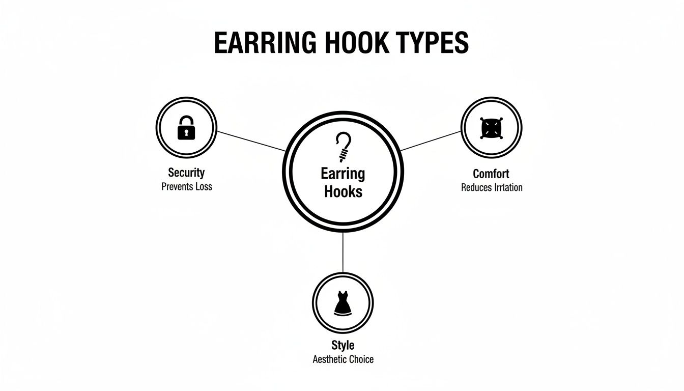 Diagram illustrating earring hook types and their importance: security, comfort, and style, with associated icons.