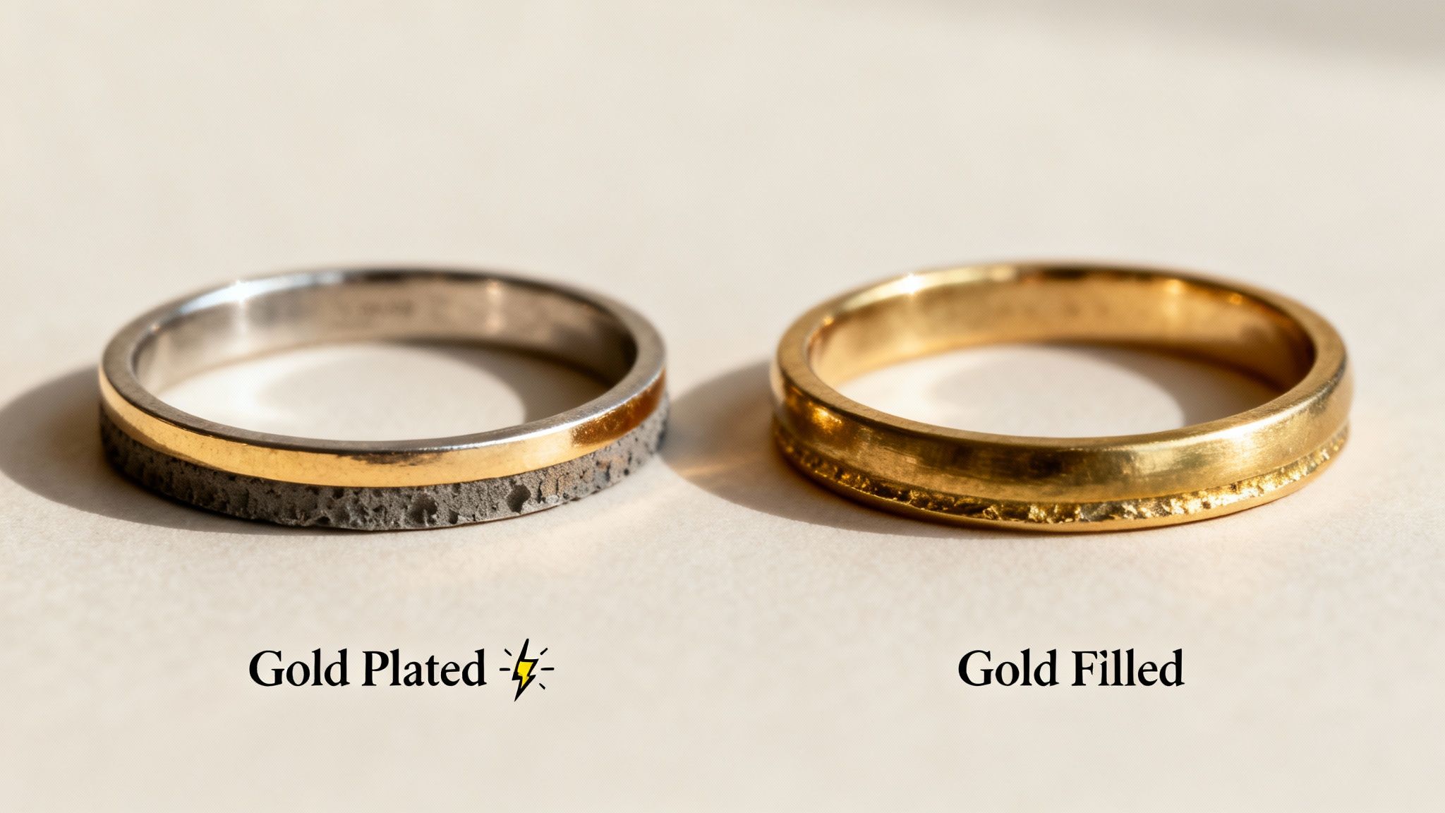 Two rings demonstrating the difference between gold plated (left, with wear) and gold filled (right, golden) jewelry.