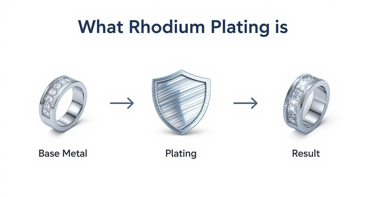 Diagram showing rhodium plating process: a base metal ring transforms into a shiny, plated result.