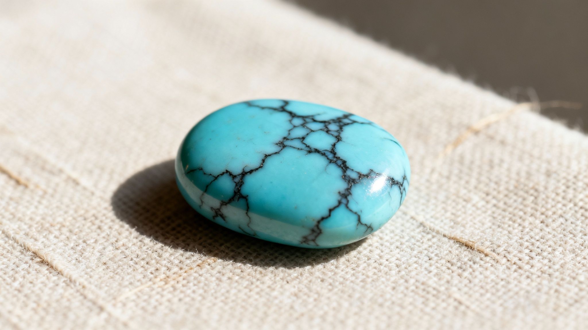 A smooth, polished turquoise gemstone with natural black spiderweb veins resting on a textured beige fabric.