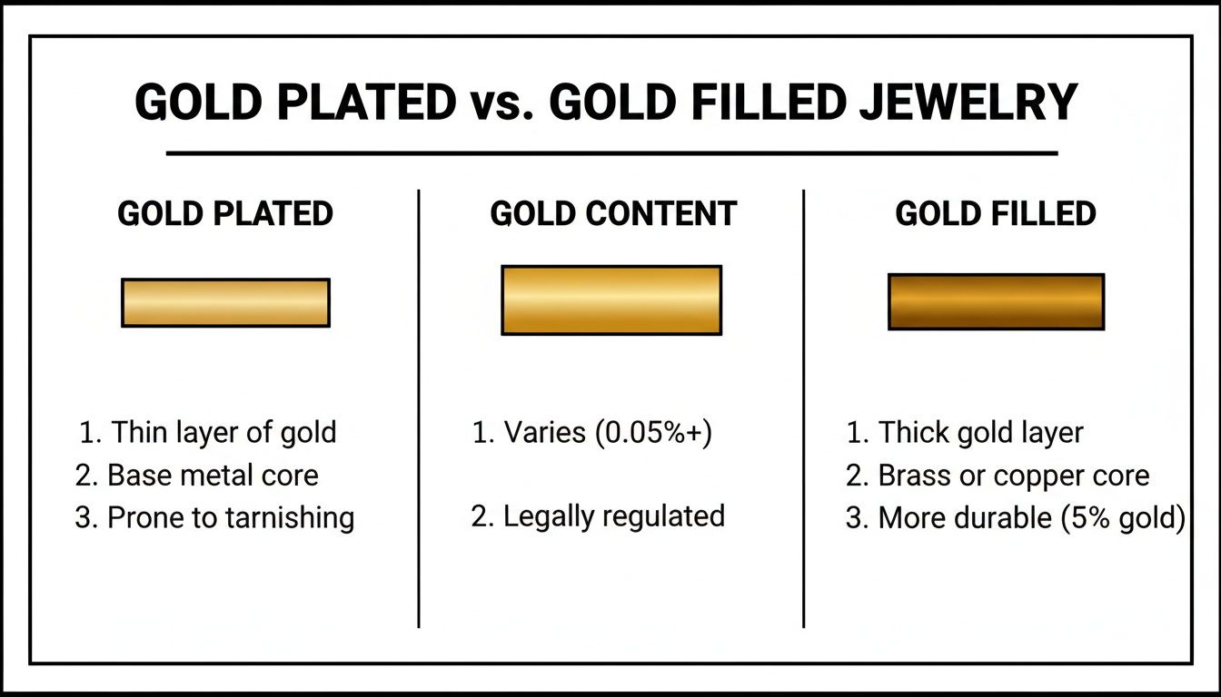 An infographic comparing gold plated and gold filled jewelry, detailing their gold content, core metals, and durability.
