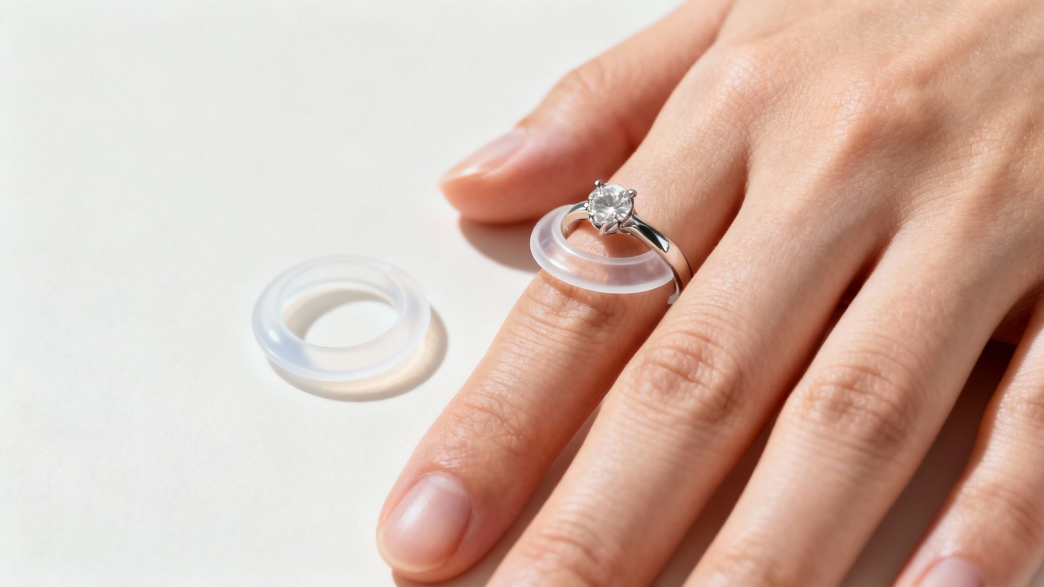 Woman thoughtfully looking at her ring finger.